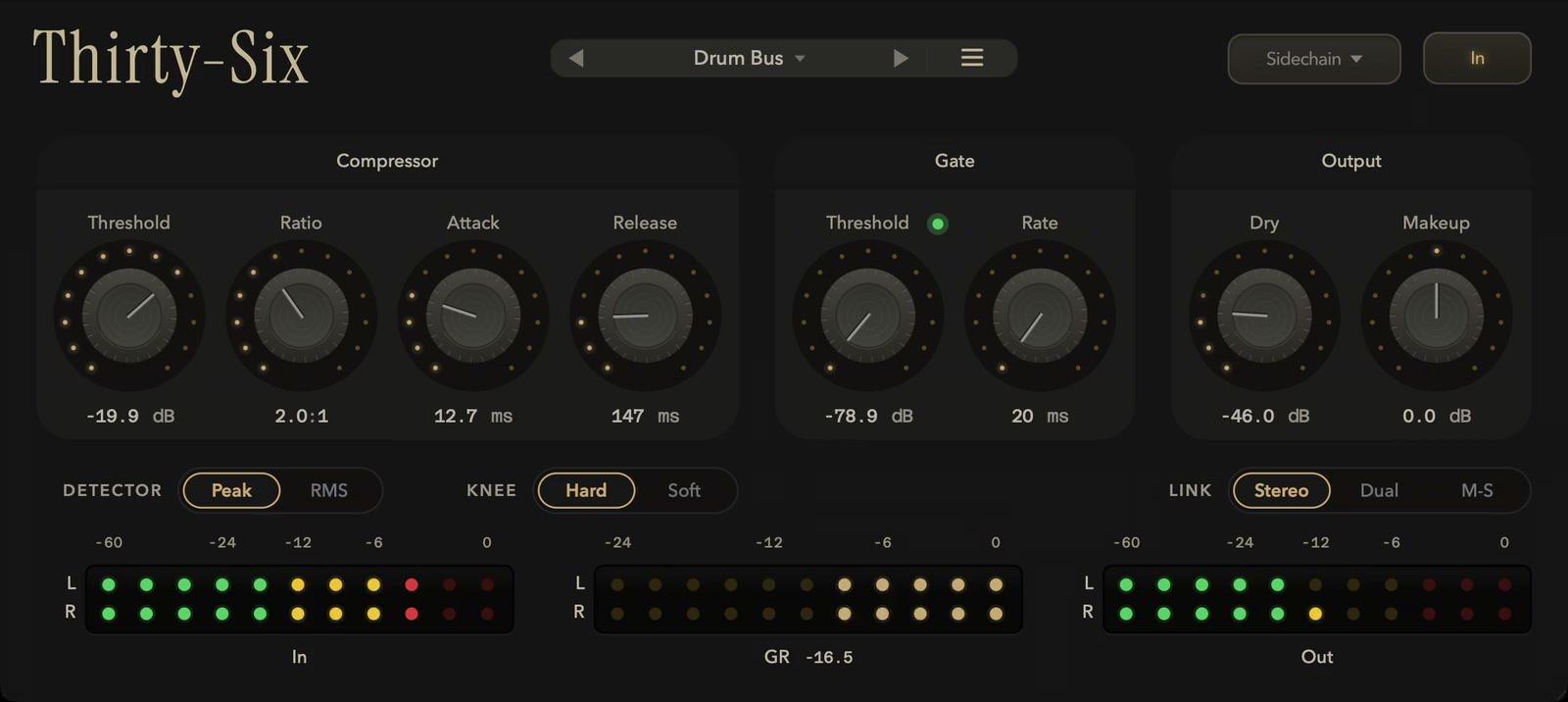 A drum bus through Thirty-Six. Input, gain reduction and output, live.